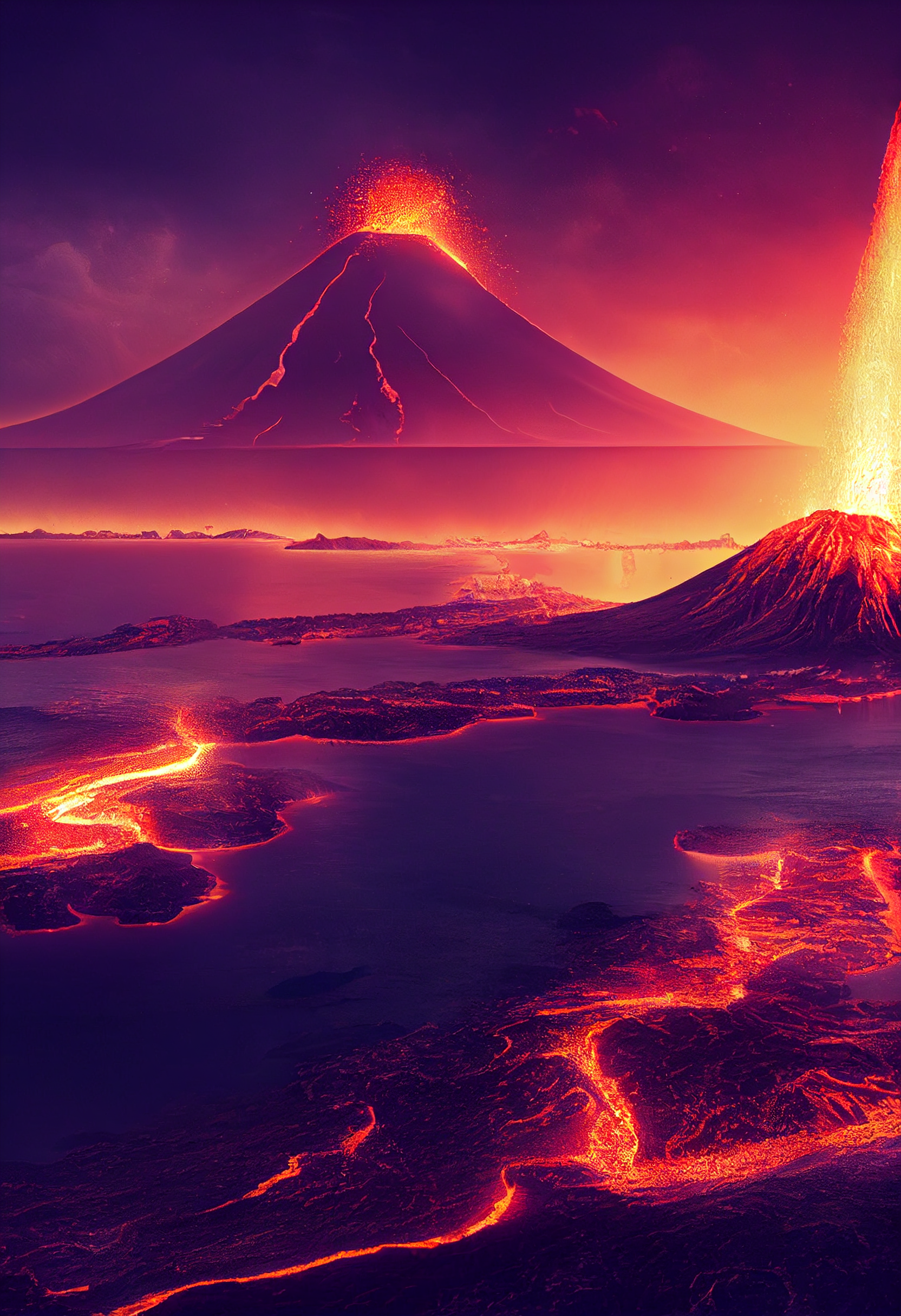 喷发的火山岛、神秘的神奇场景、雄伟的香草天空照明、Ghilbi工作室的超